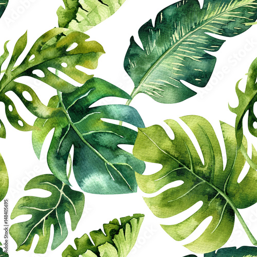  Seamless watercolor pattern of tropical leaves, dense jungle. Ha