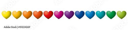 Вектор: Twelve rainbow colored hearts in a row. Heart symbols in twelve unique color hues. Isolated illustration on white background. Vector. Twelve rainbow colored hearts in a row. Heart symbols in twelve unique color hues. Isolated illustration on white background. Vector.