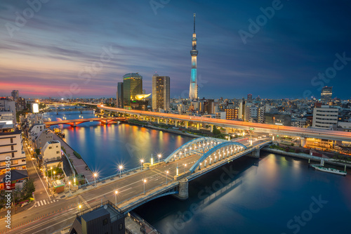 Plakat Tokio. Pejzaż miejski wizerunek Tokio linia horyzontu podczas zmierzchu w Japonia.