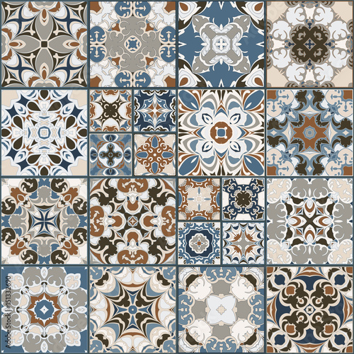 Fototapeta A collection of ceramic tiles in retro colors. A set of square patterns in ethnic style. Vector illustration.