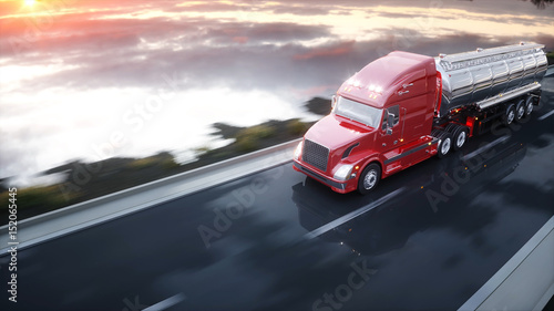 Plakat Benzyna cysterna, przyczepa olejowa, ciężarówka na autostradzie. Bardzo szybka jazda. 3d rendering.