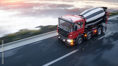 Plakat Betoniarka ciężarówka na autostradzie. Bardzo szybka jazda. Koncepcja budowy i transportu. 3d rendering.