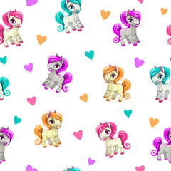 Cute seamless pattern with funny cartoon pony and hearts on white background. Vector girlish texture