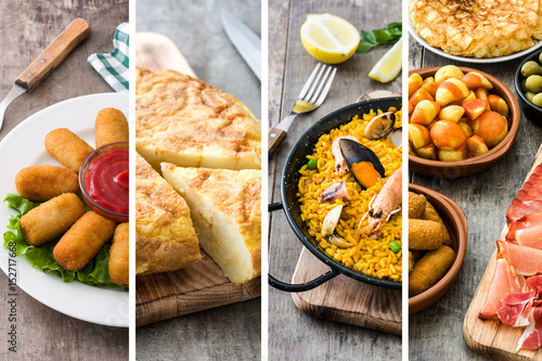Fotoobraz na płótnie Hiszpański kolaż: paella z owocami morza, krokiety, tapas i omlet