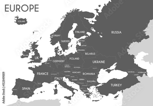 Political map of Europe in gray color with white background and the names of the countries in English. Vector illustration