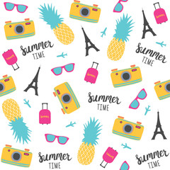 Summer pattern with pineapples, photo camera, Eiffel Tower. Vector illustration