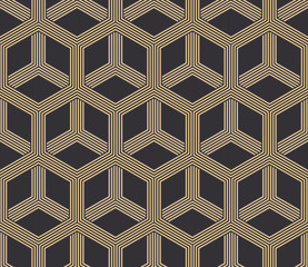 Seamless antique palette black and gold hexagonal op art striped illusion pattern vector