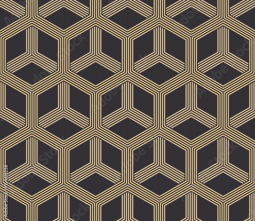 Вектор: Seamless antique palette black and gold hexagonal op art striped illusion pattern vector Seamless antique palette black and gold hexagonal op art striped illusion pattern vector