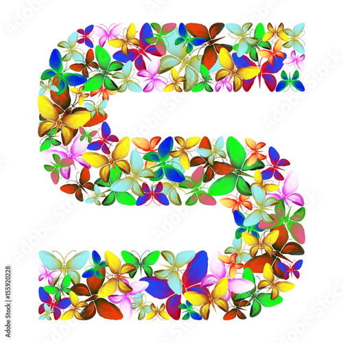 butterflies of different colors, made of sea shells isolated on a white background stacked in the form of letters S