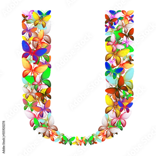butterflies of different colors, made of sea shells isolated on a white background stacked in the form of letters U