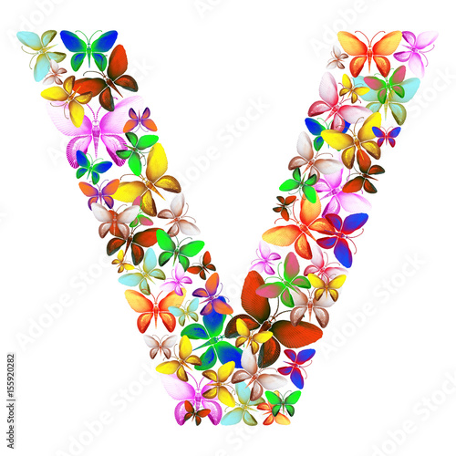 butterflies of different colors, made of sea shells isolated on a white background stacked in the form of letters V
