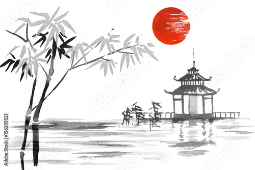  Japan Traditional japanese painting Sumi-e art Bamboo Sun Lake