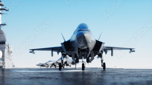 Fotoobraz na płótnie Jet f35, myśliwiec na lotniskowcu w morzu, ocean. Koncepcja wojny i broń. 3d rendering.