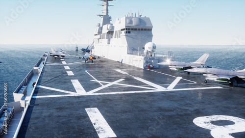 Fotoobraz na płótnie lądujący odrzutowiec f16 na lotniskowcu w oceanie. Koncepcja wojskowa i wojenna. 3d rendering.