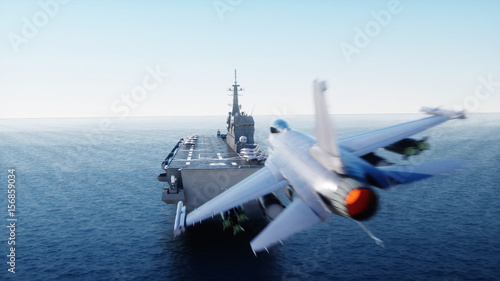 Fotoobraz na płótnie lądujący odrzutowiec f16 na lotniskowcu w oceanie. Koncepcja wojskowa i wojenna. 3d rendering.