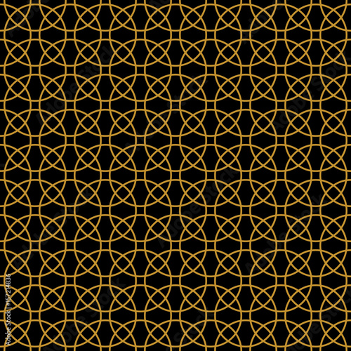 Plakat Bezszwowy nowożytny luksusowy kółkowy złoto wzór. Złota geometria, koło bezszwowe uroczysty styl tkanina tło. Niekończąca się metaliczna próbka. Wektor.
