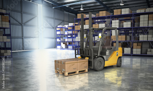 Zdjęcie XXL Pojęcie magazyn Forklift w dużej magazynowej doręczeniowej tła 3d ilustraci