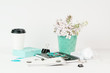 Feminine styled office desktop with teal accents Feminine styled office desktop with teal accents