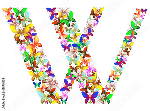butterflies of different colors, made of sea shells isolated on a white background stacked in the form of letters W