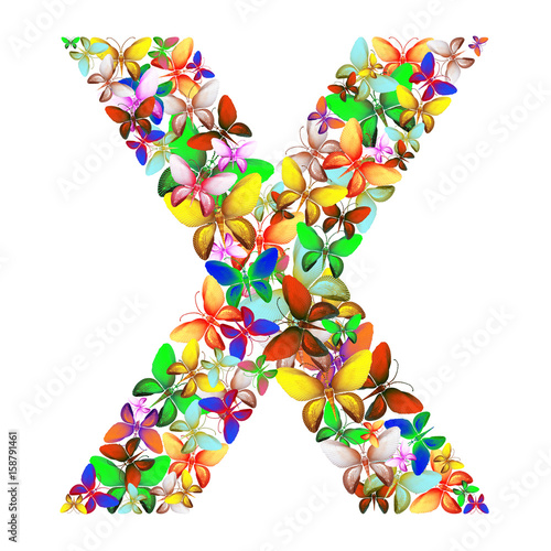 butterflies of different colors, made of sea shells isolated on a white background stacked in the form of letters X