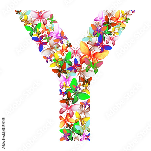 butterflies of different colors, made of sea shells isolated on a white background stacked in the form of letters Y