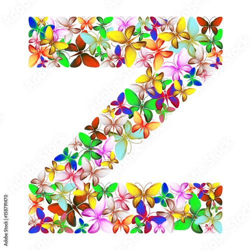 butterflies of different colors, made of sea shells isolated on a white background stacked in the form of letters Z
