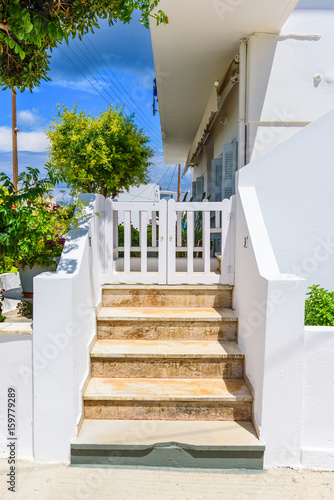 Typical Greek stairs and apartment in Pollonia town on Milos island, Cyclades, Greece