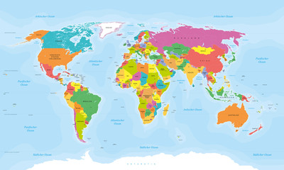 Weltkarte auf deutsch - Vektorisiert texte : länder, hauptstädte, inseln, meere...