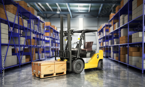 Zdjęcie XXL Pojęcie magazyn Forklift w dużej magazynowej doręczeniowej tła 3d ilustraci