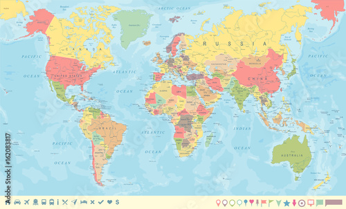  Vintage World Map and Markers - Vector Illustration