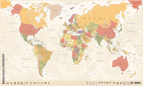  Vintage World Map and Markers - Vector Illustration