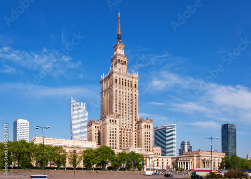 Obraz na płótnie Warsaw city center with Palace of Culture and Science (PKiN), a landmark and symbol of Stalinism and communism, and modern sky scrapers.