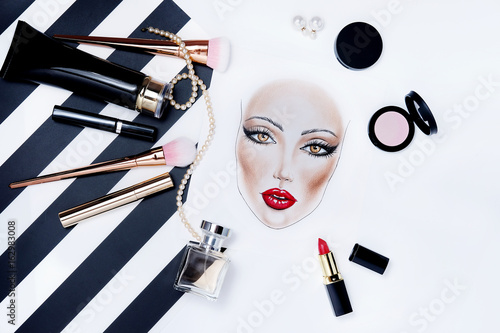 Fashion face chart drawing portrait beauty woman makeup. © visoook