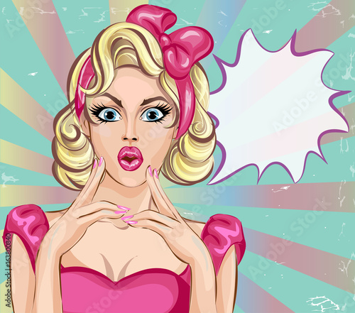 Zdjęcie XXL Pop-artu komiks stylu zaskoczony kobieta z dymek, pin up girl portret, ilustracji wektorowych