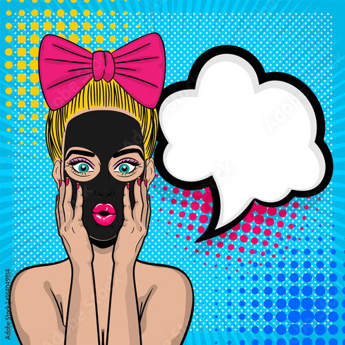 Plakat Piękna sexy dziewczyna blond włosy różowy łuk, wow oops twarz otwarte usta w stylu pop-art kosmetycznych czarna maska. Komiks tło retro półtonów. Wektor reklamować ilustrację. Komiks dymek tekstowy.