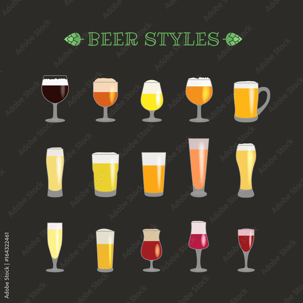 Different beer glasses style vector collection