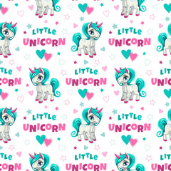 Cute seamless pattern with funny cartoon unicorns