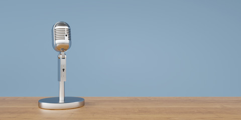 Vintage microphone on wooden table panorama 3d rendering