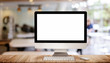 Work place concept : Mock up Blank screen computer desktop with keyboard in cafe or co-working background. Work place concept : Mock up Blank screen computer desktop with keyboard in cafe or co-working background.