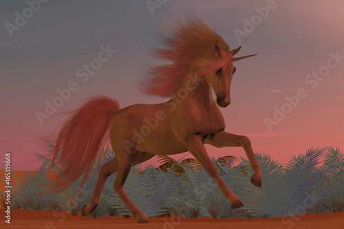 Plakat Sunset Arabian Unicorn - Unicorn jest stworzeniem o mitach i fantazjach, ma rozszczepione kopyta, róg czołowy i ciało konia.
