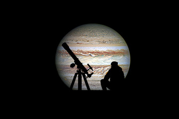 Man with telescope looking at the stars. Jupiter planet, isolated on black.
