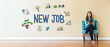 New Job text with young woman holding a tablet computer in a chair New Job text with young woman holding a tablet computer in a chair