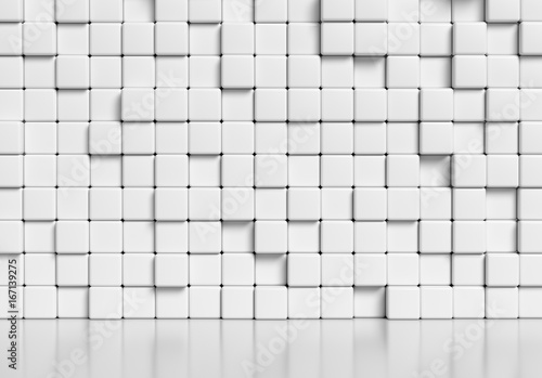Fototapeta Abstract white cubes wall and glossy floor 3d illustration.