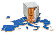 Safe box with golden coins on the map of European Union, 3D rendering Safe box with golden coins on the map of European Union, 3D rendering