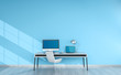 Modern blue desktop interior with devices 3D rendering Modern blue desktop interior with devices 3D rendering