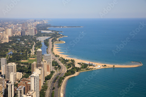 Plakat Chicago, przejażdżka brzegiem jeziora, jezioro Michigan, North Avenue Beach, widok z lotu ptaka,