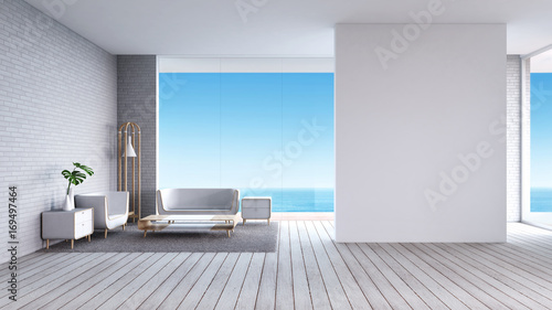 Plakat Nowożytny Żywy izbowy biały drewniany podłogowy biały ściana z cegieł z kanapa widoku morza lata 3d renderingiem