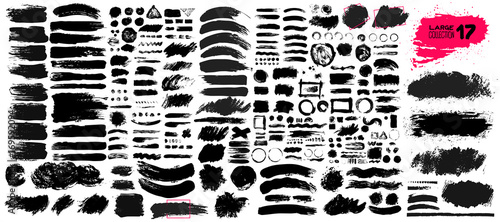 Big collection of black paint, ink brush strokes, brushes, lines, grungy. Dirty artistic design elements, boxes, frames. Vector illustration. Isolated on white background. Freehand drawing.