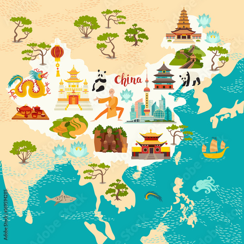 Plakat Chiny abstrakcyjna mapa, ręcznie rysowane ilustracji wektorowych. Podróż ilustracja Chiny z ikony zabytki, świątynia, smok, mnich Shaolin, latarnie, pandy i ryżu pola