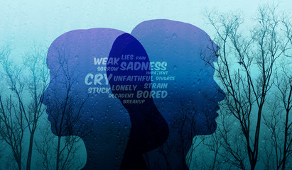 Sad Relationship in Couple Concept, Present by depressed wording on Shape of Man and Woman combinated with Old Dry Tree and Rain, Blue Filter Effect